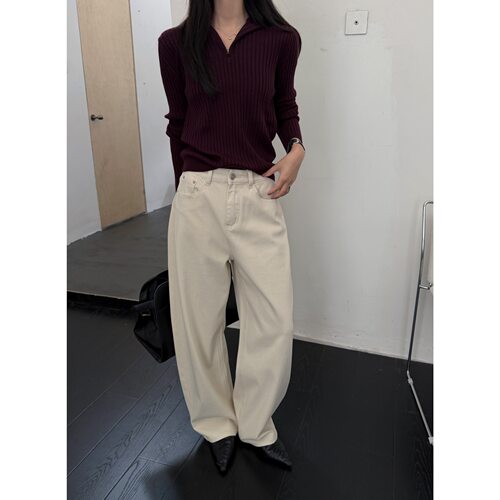 GAGD米杏色阔腿弯刀牛仔裤女秋复古刺绣显瘦百搭宽松梨形休闲裤子