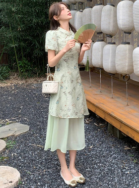新中式连衣裙女2026夏装新款气质减龄国风印花旗袍短袖长裙CB8613