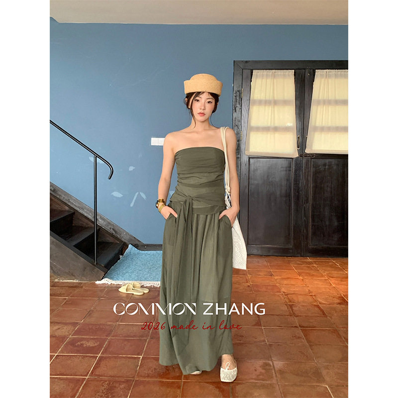 CZ ZHANG夏两件套修身褶皱短短抹胸女绑带花苞长裙法式套装C14782