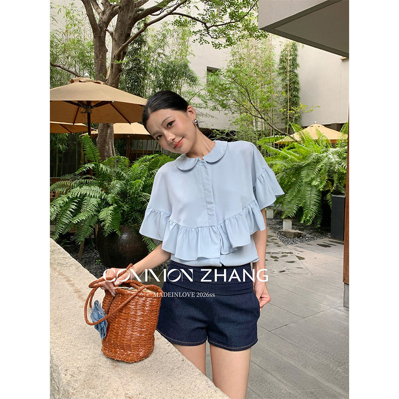 CZ ZHANG法式复古娃娃领斗篷衬衫女装夏季新款短袖开衫C13916