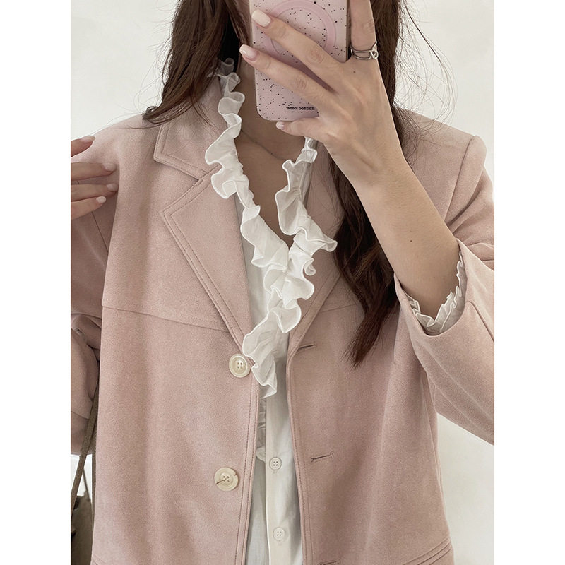 【GM】韩系仿鹿皮绒翻领西服外套冬季新款女装短裤外套W709B