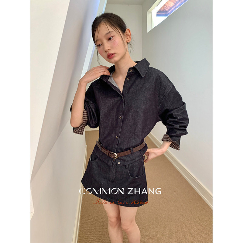 攸吉CZ ZHANG设计感格子拼接牛仔衬衫女秋季新款长袖上衣C34011-3