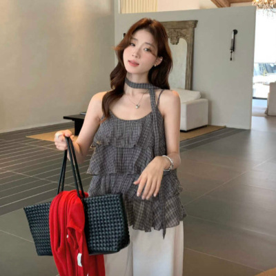 SS2026夏季新款法式甜美荷叶边挂脖花边吊带衫配飘带TW1069