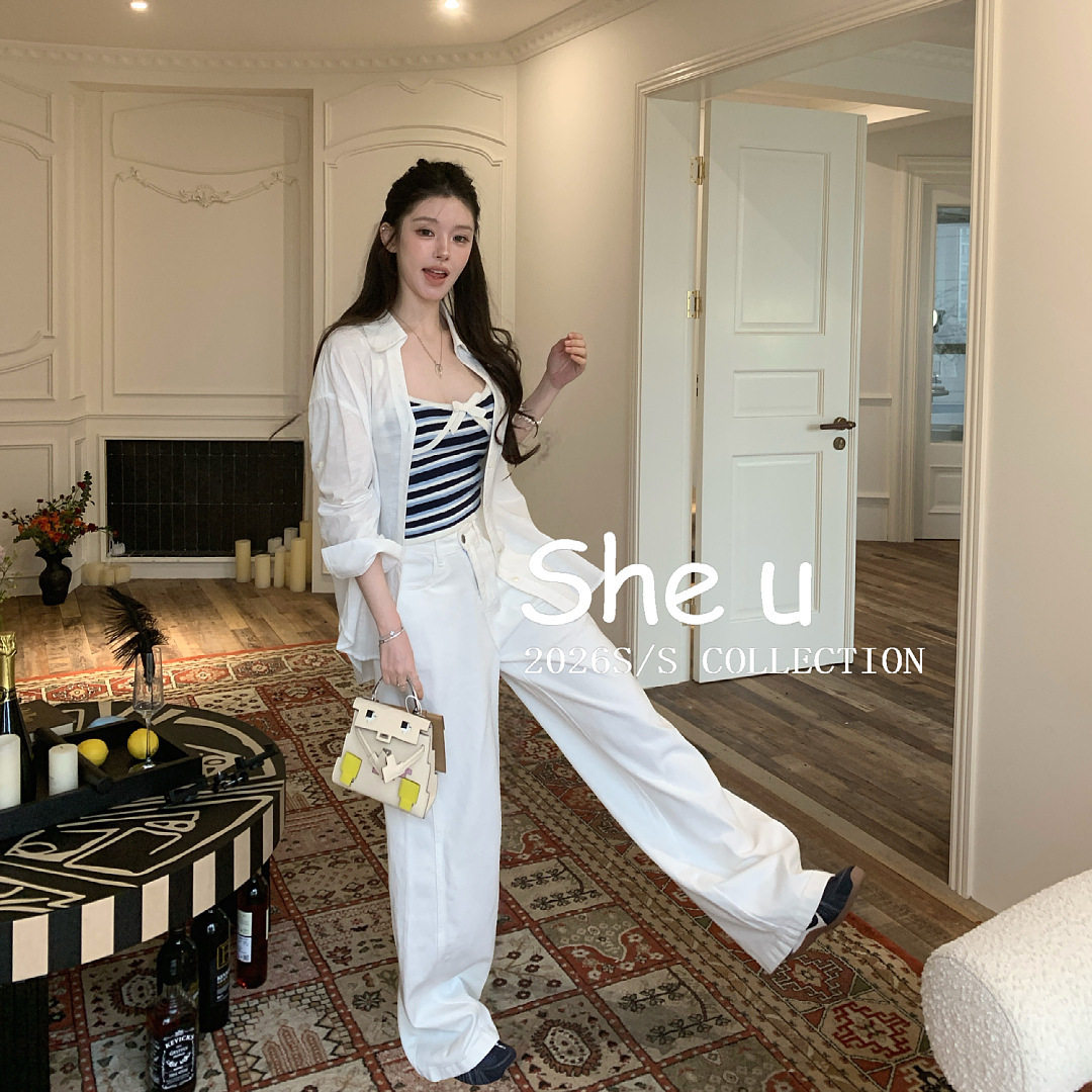 SHE U十三行美式复古风弯刀白色牛仔裤女2026夏季新款百搭宽松长