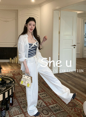 SHE U十三行美式复古风弯刀白色牛仔裤女2026夏季新款百搭宽松长