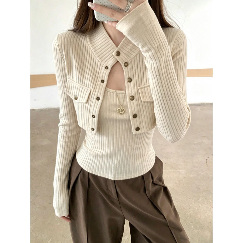 SMD韩系穿搭套装女早秋季小个子休闲杏色针织开衫背心内搭上衣两