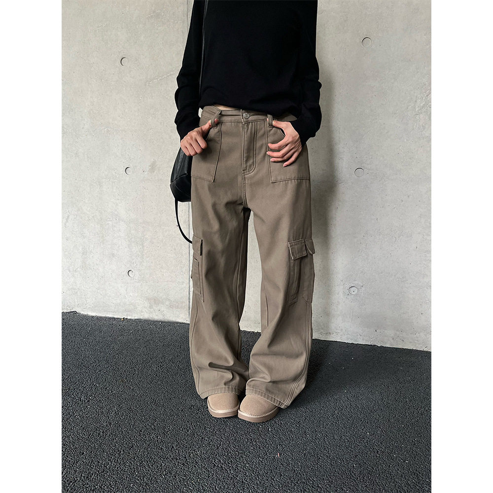 誉一加绒工装裤女冬季厚保暖宽松阔腿直筒休闲低腰牛仔裤子CX902