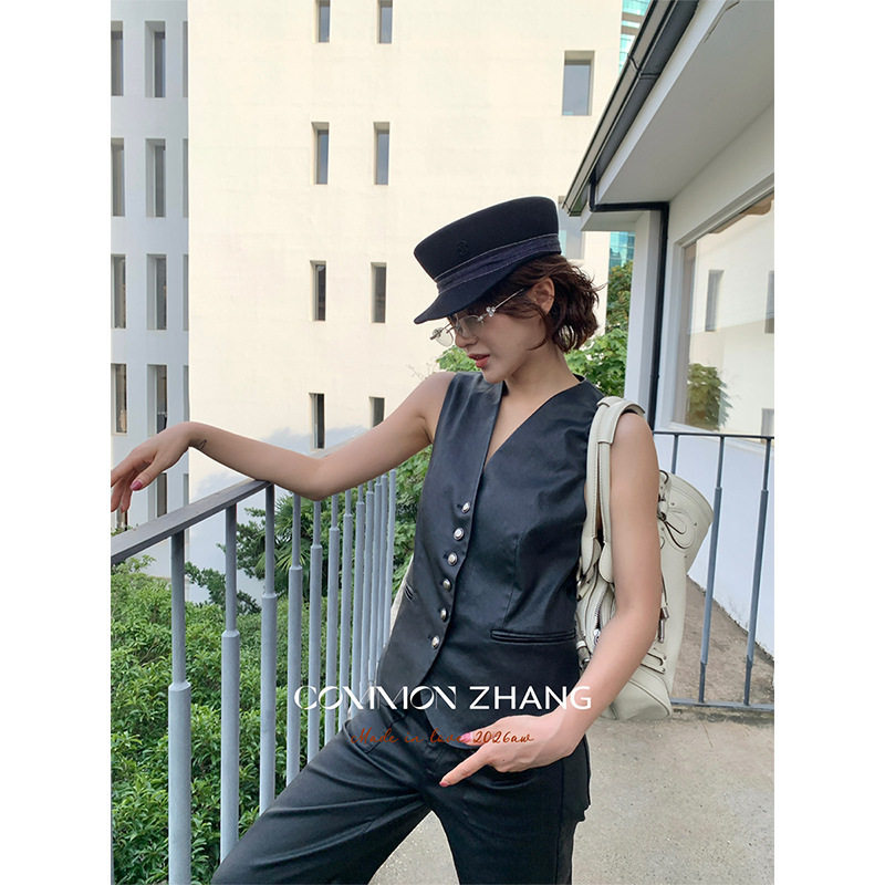 攸吉 CZZHANG美式复古pu皮马甲外套女秋季新款马夹上衣外穿C37697