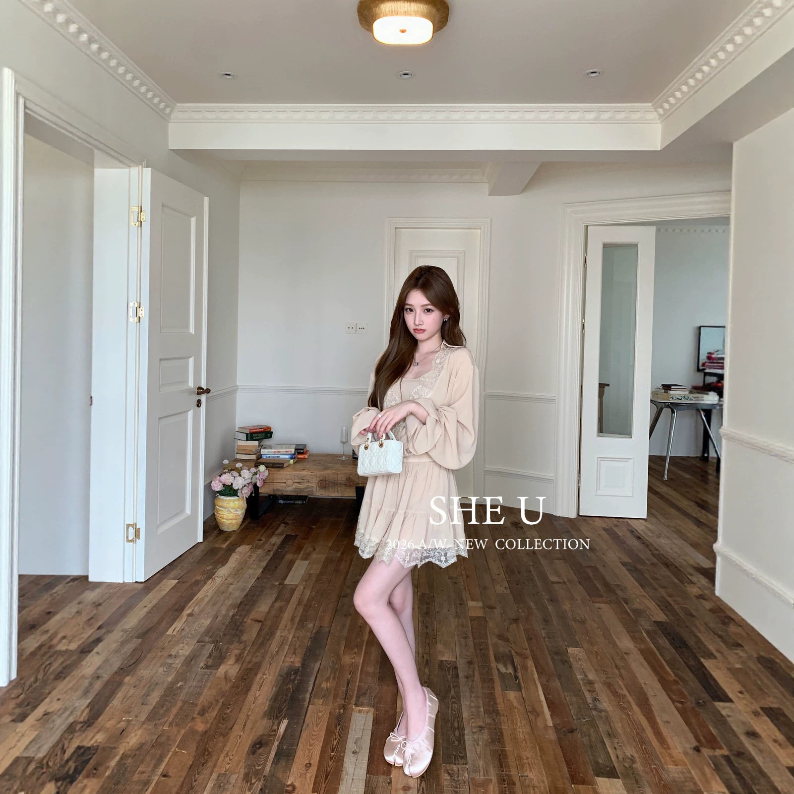 SHE U十三行法式复古纯欲雪纺衫2026秋季新款蕾丝拼接假两件上衣