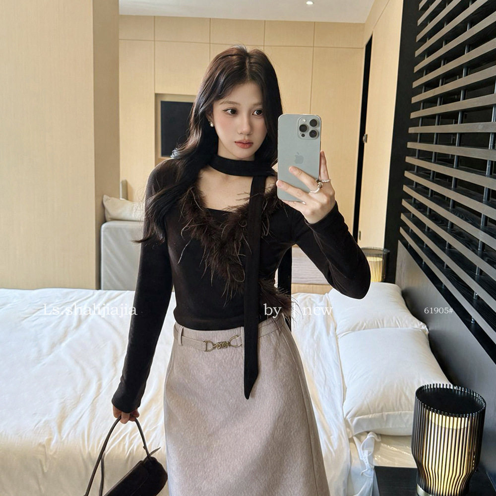 LS 优雅毛毛拼接修身小衫上衣女广州十三行2026冬季新款女装61905