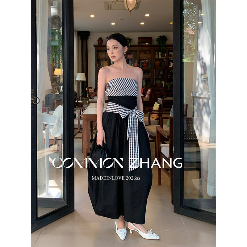 CZ ZHANG夏法式高腰系带撞色蝴蝶结抹胸连衣裙女纯棉花苞裙C16706
