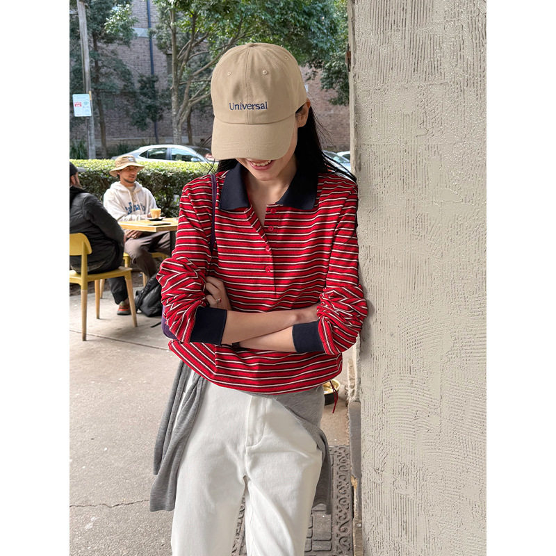 SJ红色撞色条纹学院风翻领Polo衫显瘦卫衣女2026秋新上衣61501