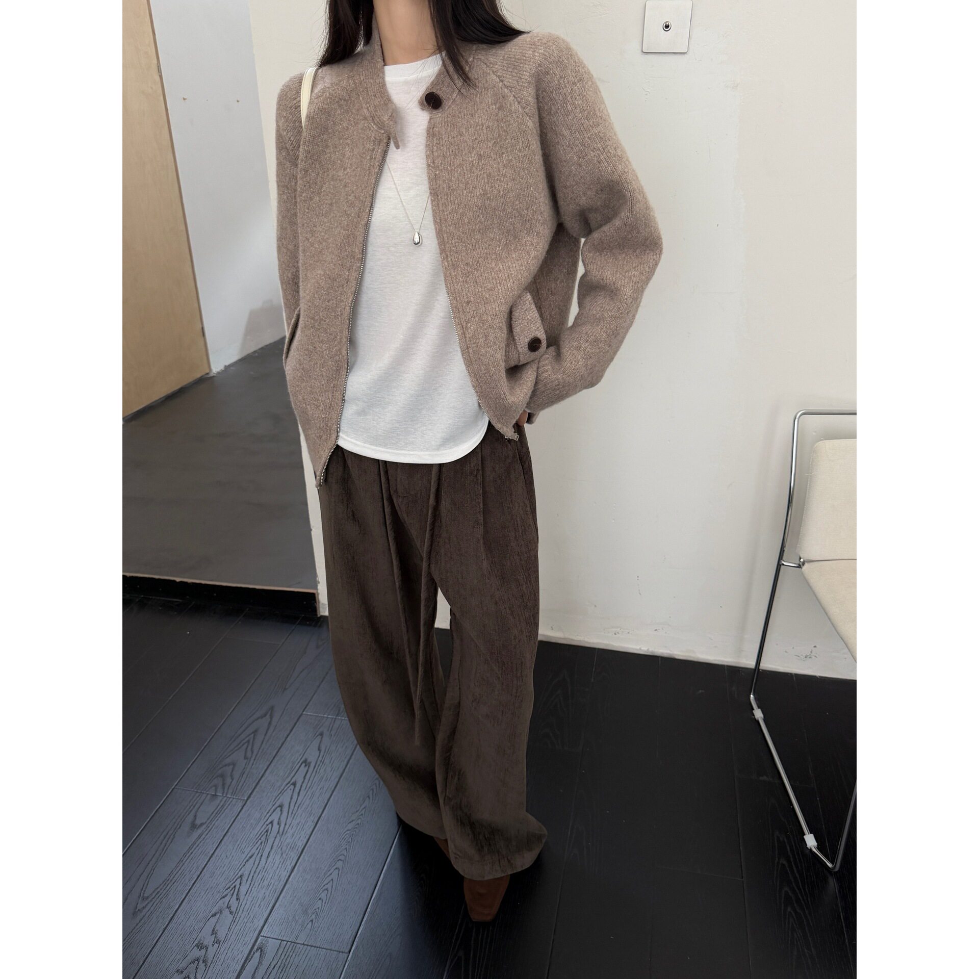GAGD韩系复古老钱拉链针织开衫外套女秋冬羊毛宽松休闲显瘦开衫