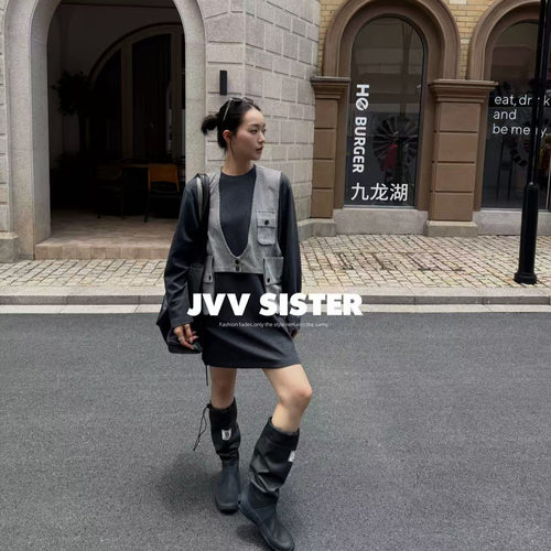 JVV十三行2026秋季新款马甲连衣裙套装女韩系休闲时尚两件套91202