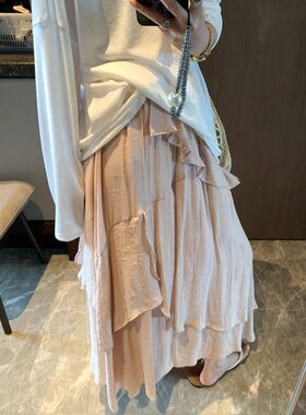 MQ 度假松弛感 温柔风层叠不规则荷叶边拼接高腰半身裙 MQ1567