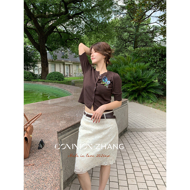 攸吉 CZZHANG设计感韩系钉珠羊毛针织衫女秋季新款中袖开衫C35121