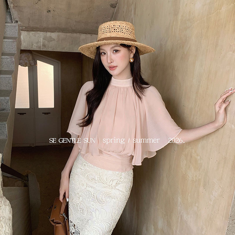 秀熙熙2026夏白标韩版气质纯色斗篷简约雪纺短袖衬衫女上衣89787