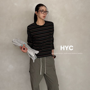 HYC十三行2026秋季新款复古极简休闲风上衣撞色条纹长袖T恤21000
