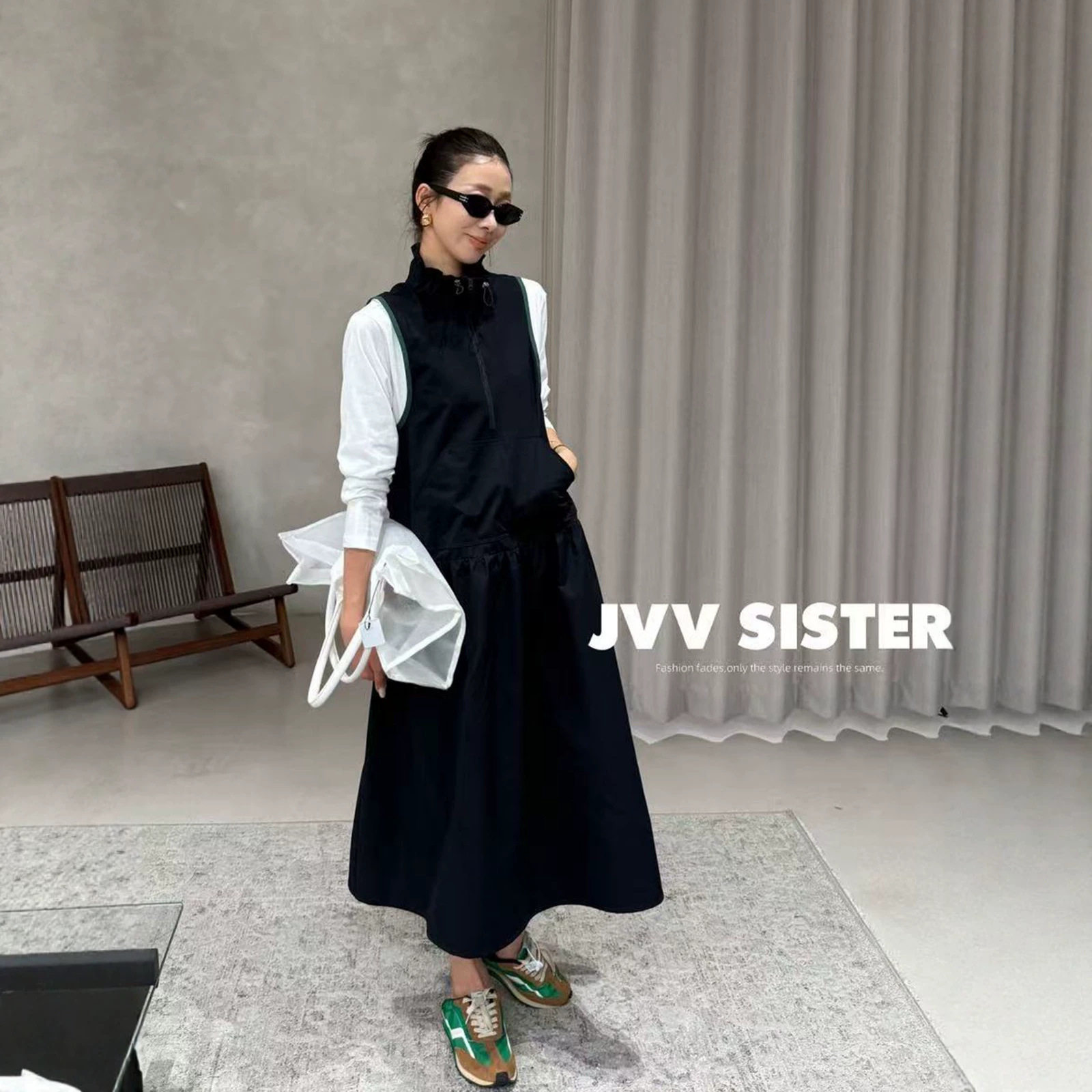 JVV十三行2026秋季新款休闲拼接长袖裙子假两件马甲连衣裙女91311