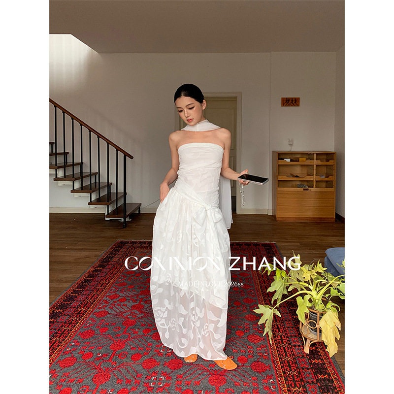 CZ ZHANG夏网纱提花高腰绑带抹胸连衣裙女气质花苞仙女裙 C26203