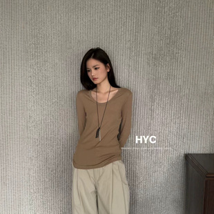 HYC十三行2026秋季新款简约气质长袖T恤女修身圆领百搭上衣20828