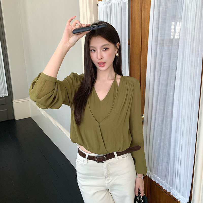 秀熙熙十三行2026秋季优雅气质雪纺绑带假两件套小衫上衣女89903
