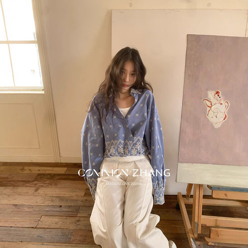 CZ ZHANG夏季刺绣镂空宫廷风u领背心长袖v领小衫假两件套女B13001