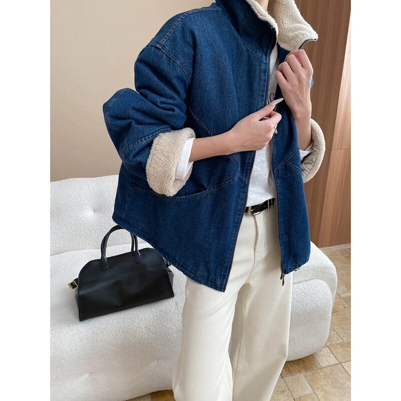 博主私服 解构分割拼接工装风立领加厚保暖牛仔外套 SN9535