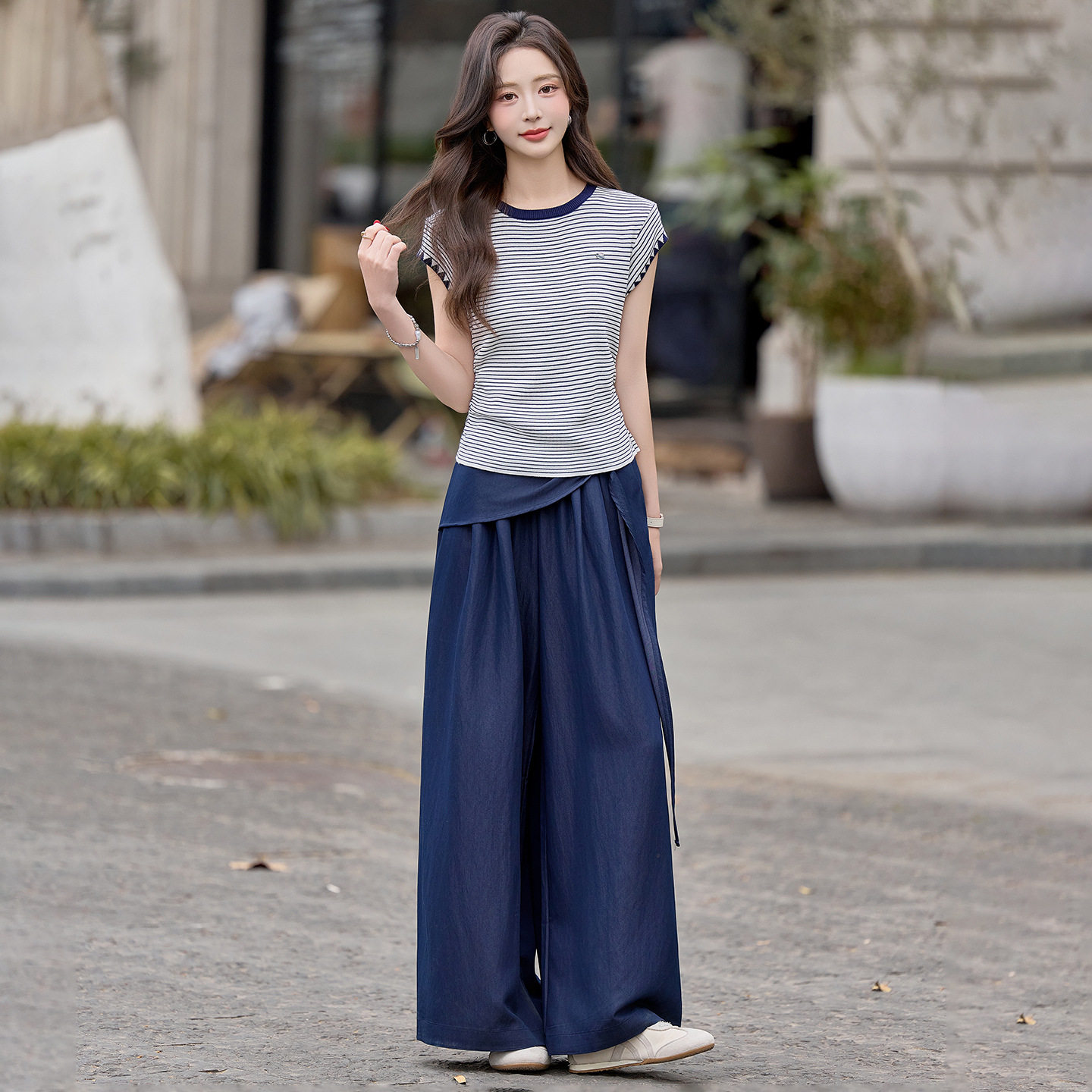 裤子上衣搭配一整套2026夏季新款洋气条纹T恤阔腿裤两件套HF8995