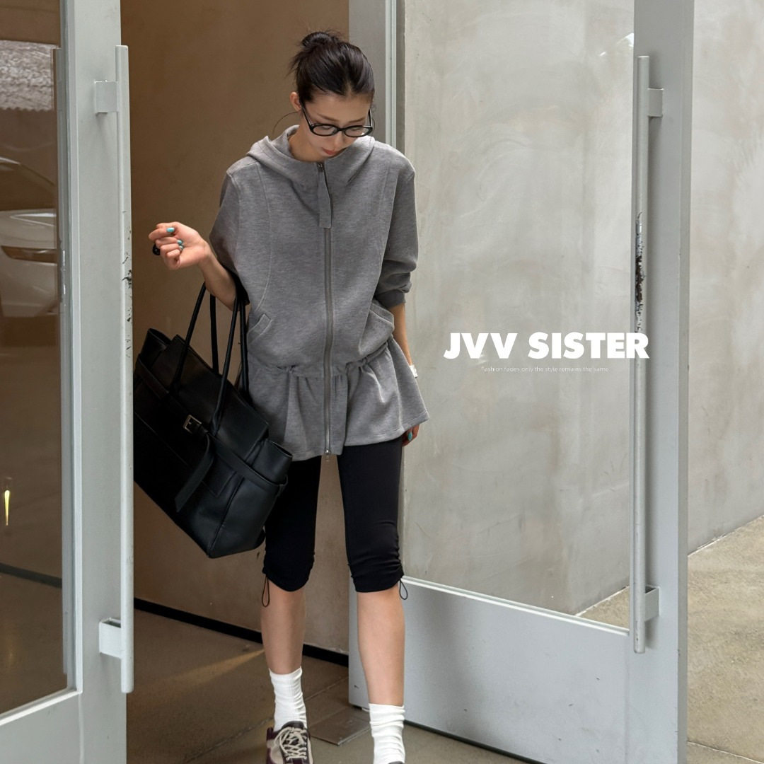 JVV十三行2026秋季新款荷叶下摆连帽卫衣外套宽松拉链开衫女72911