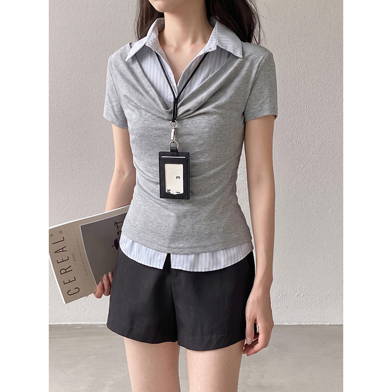 【GM】韩式拼接条纹翻领假两件T恤女装夏季新款短袖上衣AD469