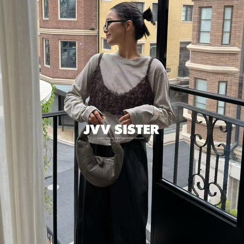 JVV十三行2026秋季新款韩系极简风镂空吊带两件套长袖T恤女01211