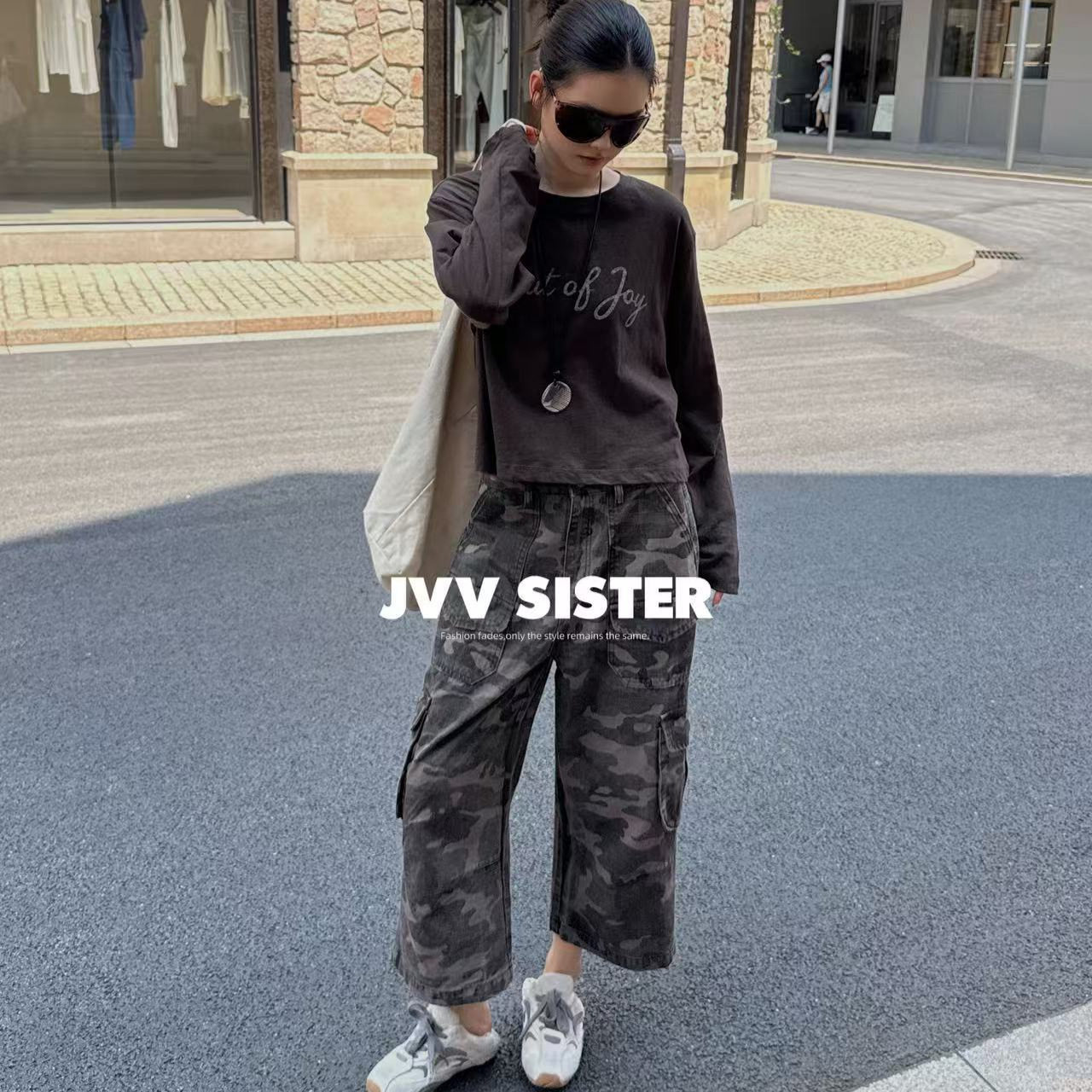 JVV十三行2026秋季新款迷彩工装风八分裤高腰显瘦休闲裤女潮72660