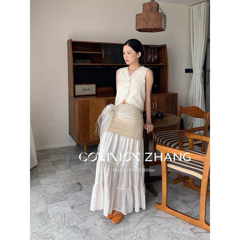 CZ ZHANG夏假两件针织拼接绣花半身裙女包臀A字大摆长裙C12950