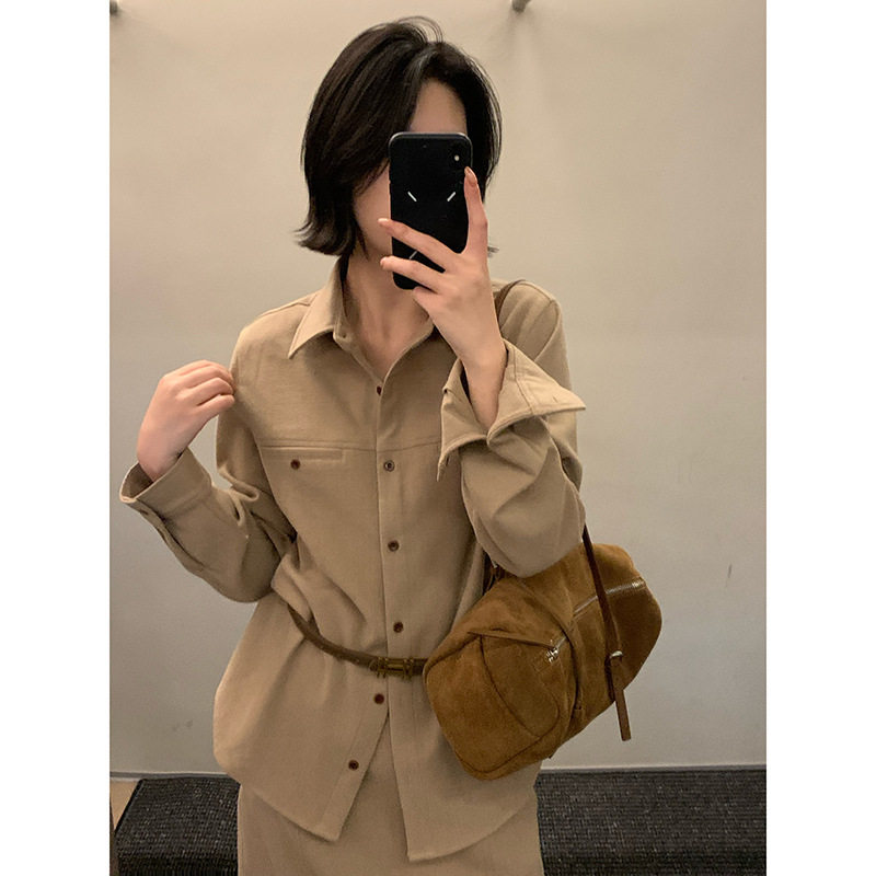 MMC磨毛工装衬衫女2026秋冬翻领长袖衬衣双口袋宽松休闲上衣51089