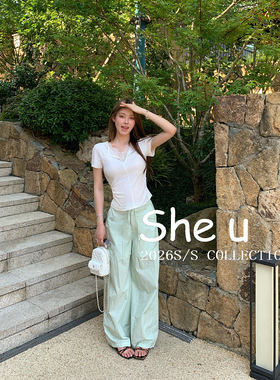 SHE U十三行韩系简约风抽绳纯色长裤2026夏新款百搭大口袋休闲裤