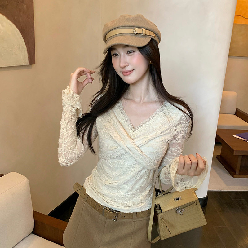 SE白标-雾蕾悸动~纯欲小女人性感交叉V领提花蕾丝修身显瘦89938