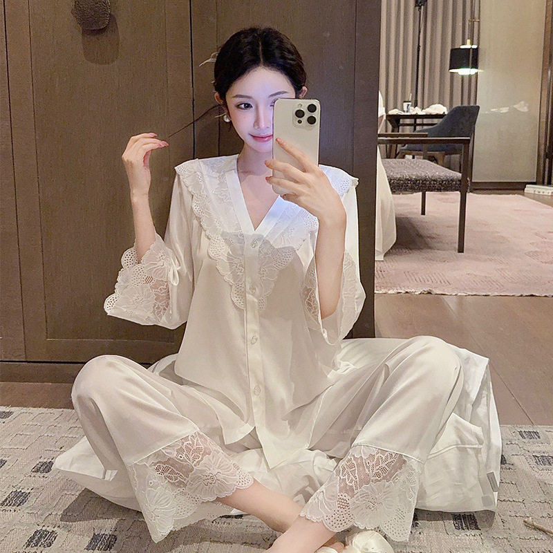 2026新款法式蕾丝花边纯色睡衣女高级感春夏冰丝大码七分袖家居服