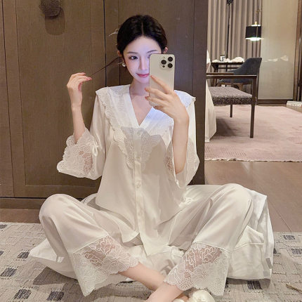 2026新款法式蕾丝花边纯色睡衣女高级感春夏冰丝大码七分袖家居服