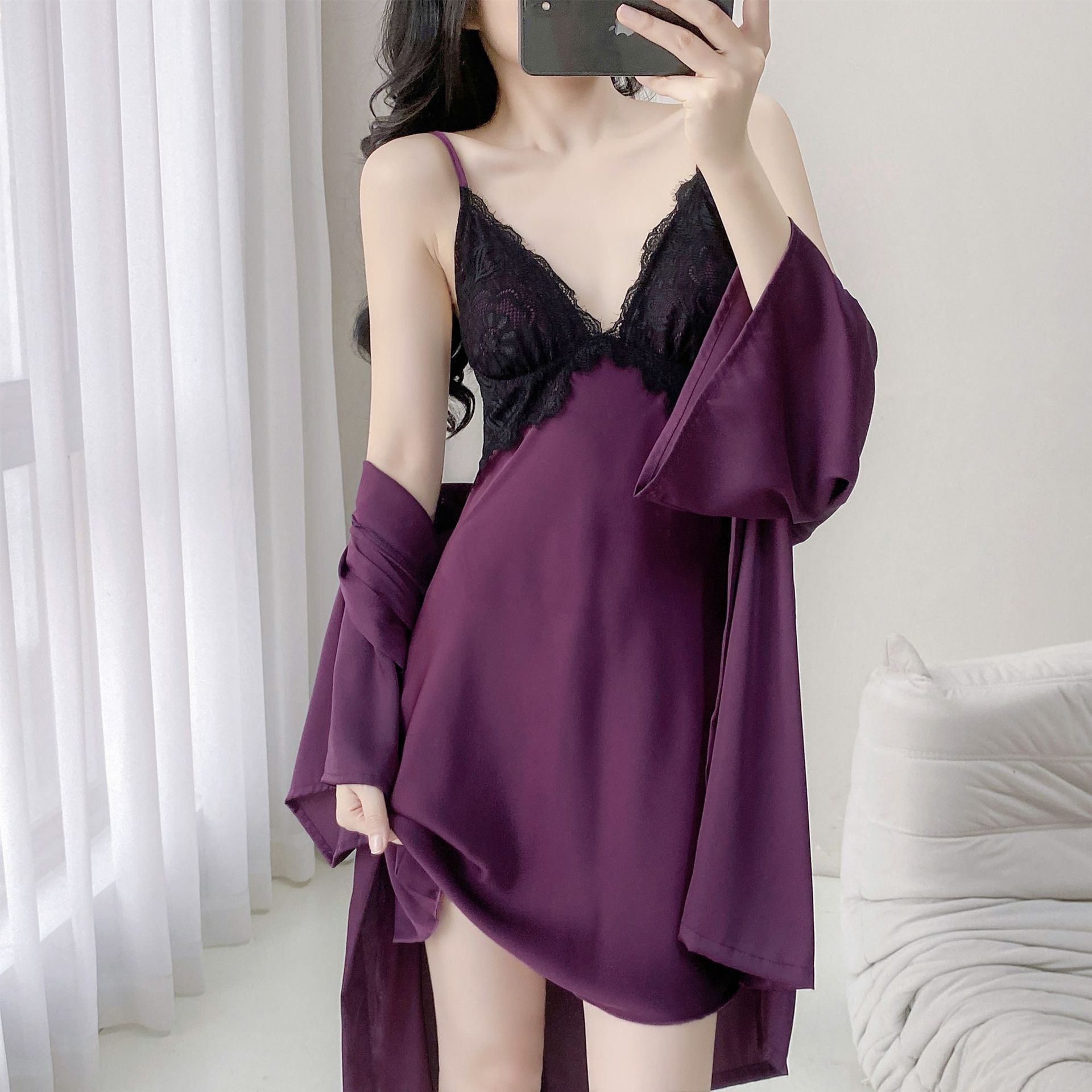 2025新款冰丝睡衣女夏季纯欲风情趣诱惑性感露背吊带睡裙两件套薄