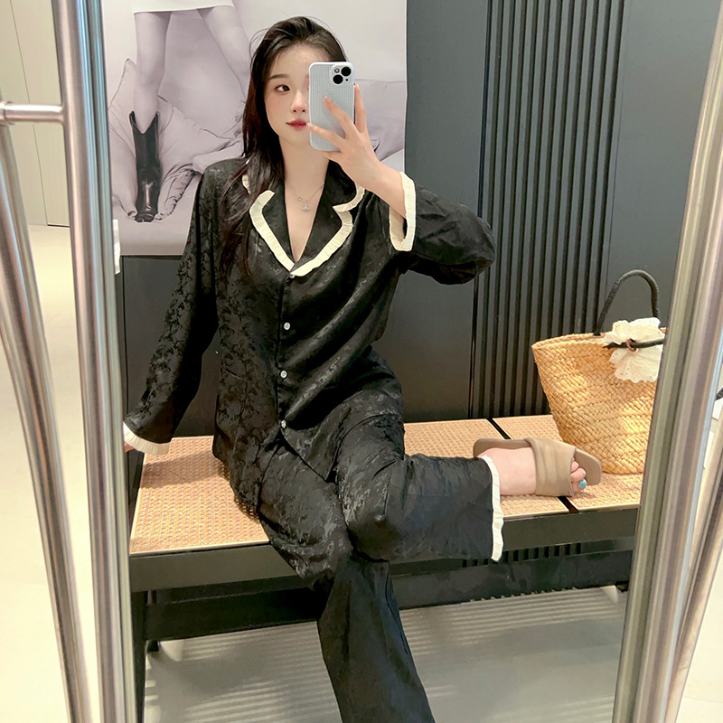 2024新款春秋黑色睡衣女高级感提花冰丝长袖长裤休闲家居服可外穿