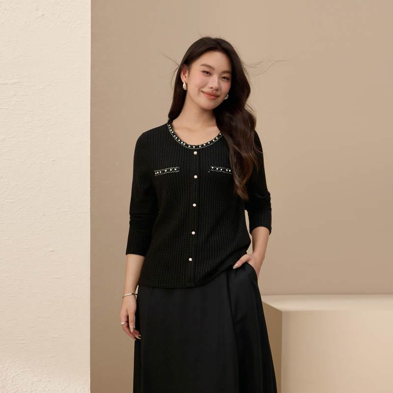 【美高感复古格纹T】纤莉秀大码女装设计感钉珠百搭T恤胖mm秋新款