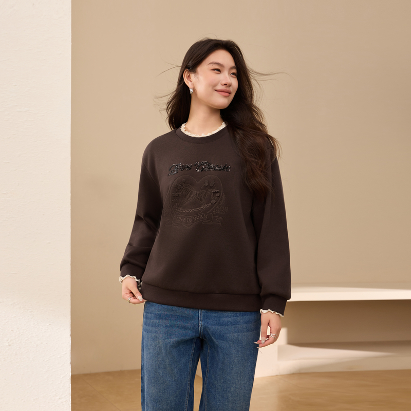 【圆领抓毛套头卫衣】纤莉秀大码女装慵懒宽松上衣胖mm2025冬新款