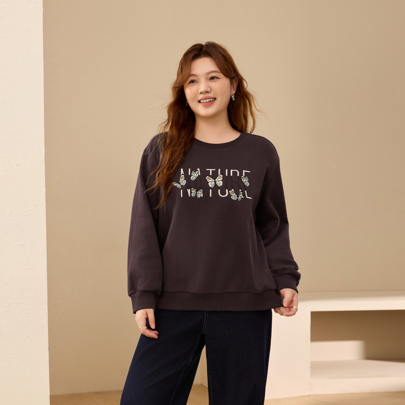 【百搭抓毛卫衣】纤莉秀大码女装别致刺绣图案上衣胖mm2025冬新款