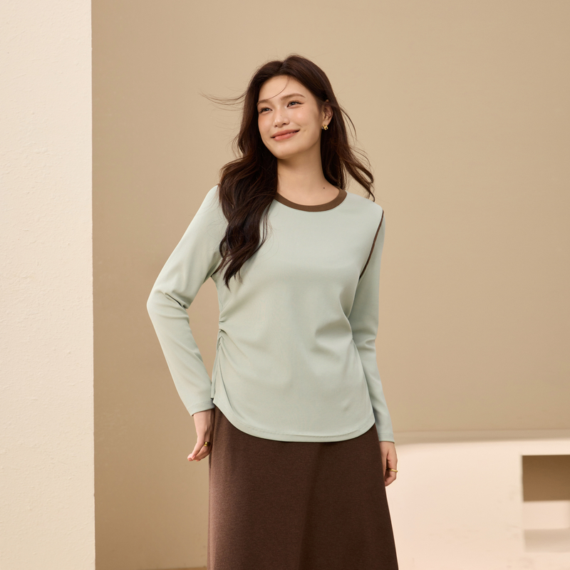 【撞色圆领收褶软糯针织衫】纤莉秀大码女装设计感上衣胖mm冬新款