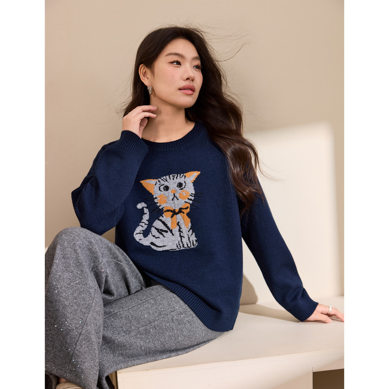 【减龄猫咪图案圆领毛衣】纤莉秀大码女装时髦洋气上衣胖mm冬新款,女装/女士精品,大码内搭,淘宝优惠券,粉丝福利购,淘宝优惠卷