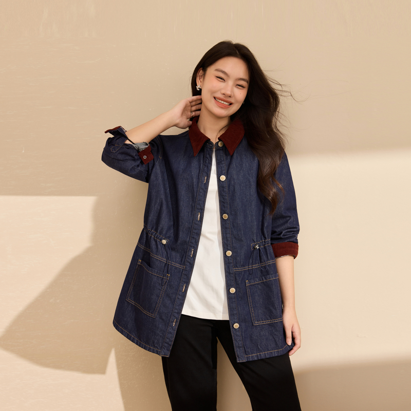 【纯棉复古牛仔外套】纤莉秀大码女装拼接领口开衫胖mm2025秋新款