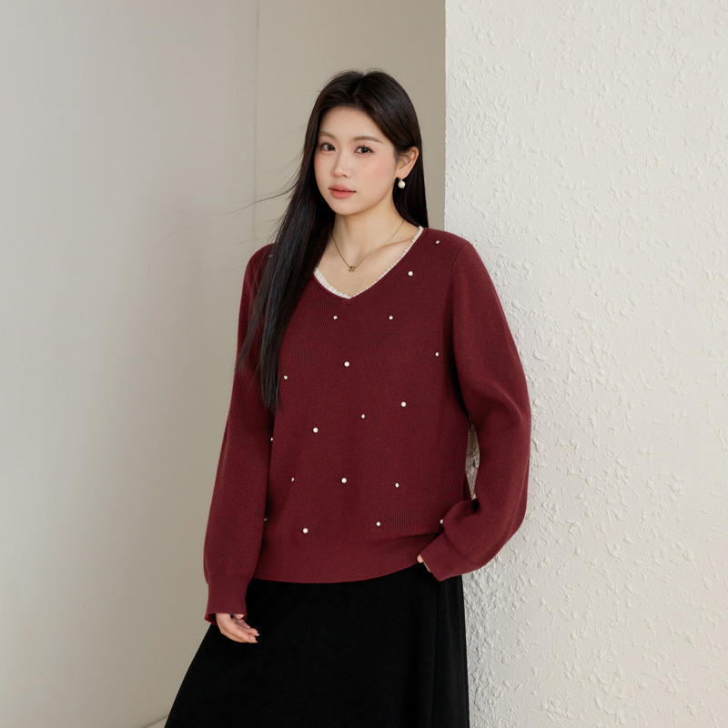 【致钉珠气质花边V领毛衣】纤莉秀大码女装韩系上衣胖mm春转新款,女装/女士精品,大码内搭,淘宝优惠券,粉丝福利购,淘宝优惠卷