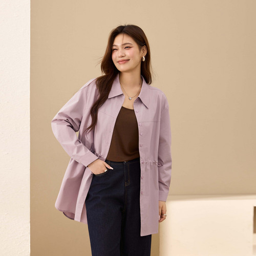 【抽绳收腰衬衫】纤莉秀大码女装纯棉气质开衫外搭胖mm2025秋新款