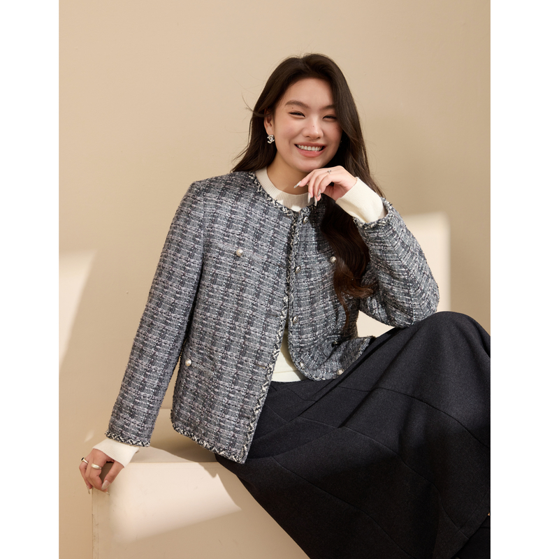 【绵羊毛混纺粗花呢】小香风夹棉外套纤莉秀大码女装胖mm冬装新款